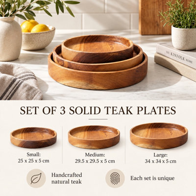 Underfoot Set of 3 Solid Teak Round Serving Plates Natural Wooden ...