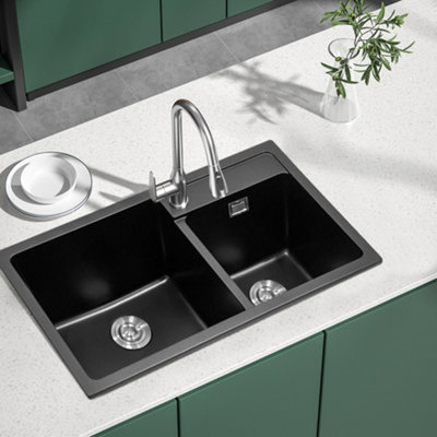 Undermount Double Bowl Quartz Kitchen Sink Black 860x460mm at B&Q