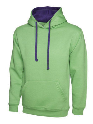 Uneek - Unisex Contrast Hooded Sweatshirt/Jumper  - 50% Polyester 50% Cotton - Lime/Purple - Size S