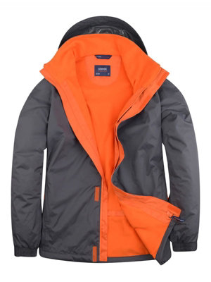 Uneek - Unisex Deluxe Outdoor Jacket - Main Fabric: 100% Polyester Waterproof Coated Fabr - Deep Grey/Fiery Orange - Size XS