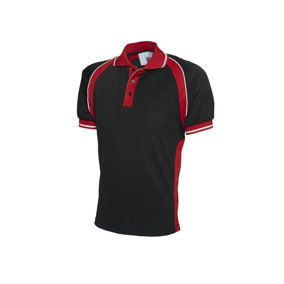 Uneek - Unisex Sports Poloshirt - 100% Textured Polyester Pique Knit Breathable Fabr - Black/Red - Size 2XL