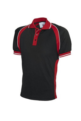 Uneek - Unisex Sports Poloshirt - 100% Textured Polyester Pique Knit Breathable Fabr - Black/Red - Size XL