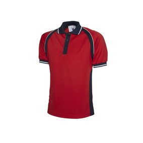 Uneek - Unisex Sports Poloshirt - 100% Textured Polyester Pique Knit Breathable Fabr - Red/Navy - Size 2XL