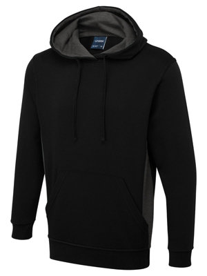 Uneek - Unisex Two Tone Hooded Sweatshirt/Jumper - 60% Cotton 40% Polyester - Black/Charcoal - Size M