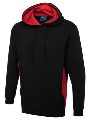 Uneek - Unisex Two Tone Hooded Sweatshirt/Jumper - 60% Cotton 40% Polyester - Black/Red - Size L