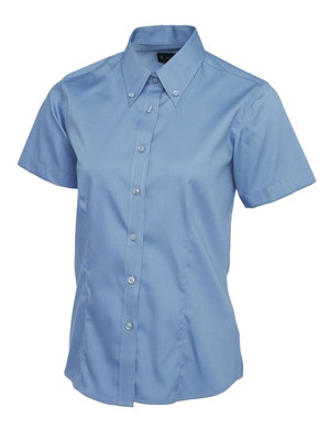 Uneek - Women's/Ladies Pinpoint Oxford Half Sleeve Shirt - 70% Combed Cotton - Mid Blue - Size M