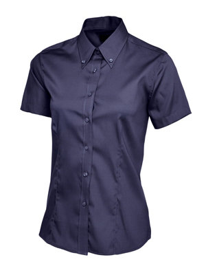 Uneek - Women's/Ladies Pinpoint Oxford Half Sleeve Shirt - 70% Combed Cotton - Navy - Size M