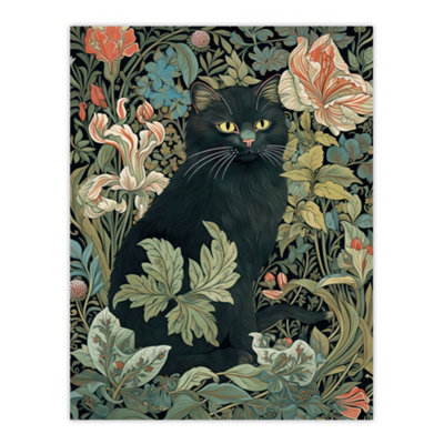 Unframed Wall Art Black Cat In Flower Garden Blooms Teal Green Pink Art ...