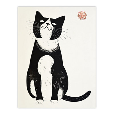 Unframed Wall Art Cat Lover Black White Pet Japanese Woodblock - 12X16 inch