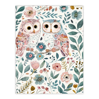 Unframed Wall Art Cute Owl Couple Pastel Colour Floral Watercolour ...