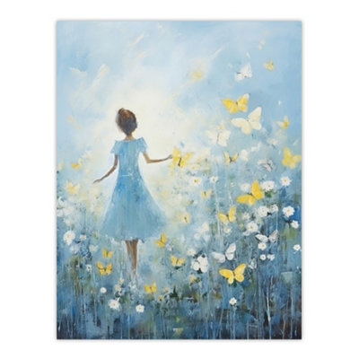 Unframed Wall Art Girl In Wildflower Meadow Painting Soft Blue Yellow ...