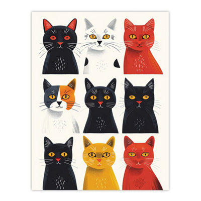 Unframed Wall Art Nine Cats Fun Quirky Animals Cat Lover - 12X16 inch