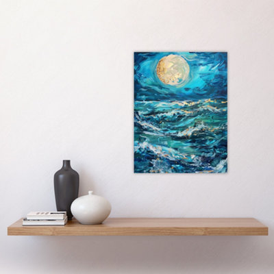 Unframed Wall Art Oceans Waves Under Full Moon Painting Dark - 12X16 inch