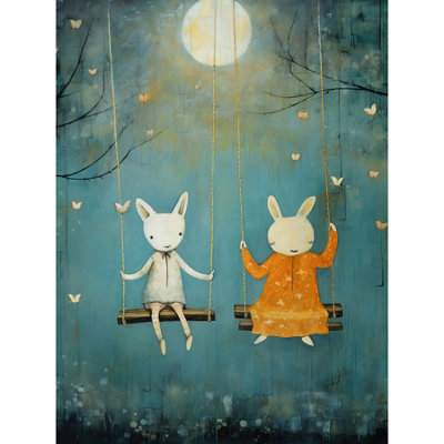Unframed Wall Art Rabbits on a Swing with Moonlit Butterflies Calming ...