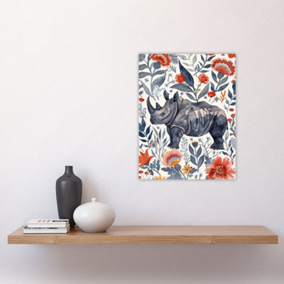 Unframed Wall Art Rhinoceros Rhino Blue Red Floral Pattern Portrait ...