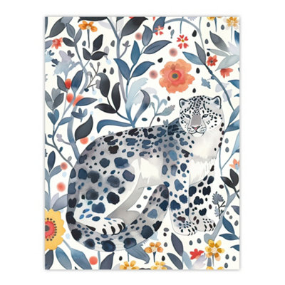 Unframed Wall Art Snow Leopard Blue Orange Floral Watercolour - 12X16 inch