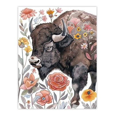 Unframed Wall Art Stylised Majestic Bison in Spring Wildflowers - 12X16 ...