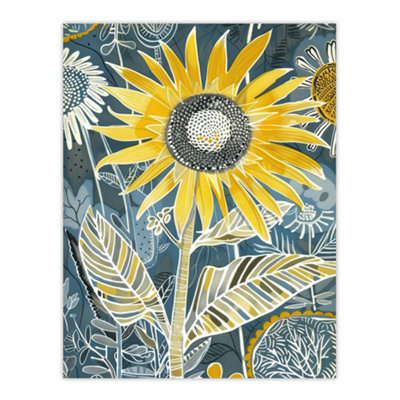 Unframed Wall Art Sunflower Blue Yellow Inverted Line Quirky - 12X16 inch