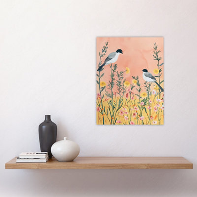 Unframed Wall Art Two Chickadee Birds in Pastel Wildflower Field ...