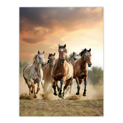 UNFRAMED WALL ART WILD HORSES GALLOPING OPEN FIELD SUNSET CLOUDS ...