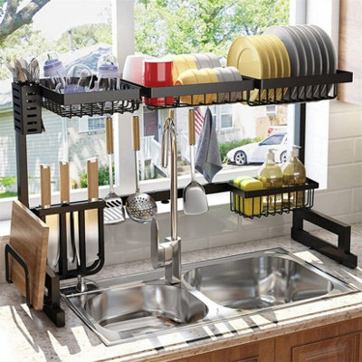 UNHO 2 Tier Adjustable 86-103cm Over the Sink Dish Drainer Drying Rack,Utensils Holder Kitchen Shelf