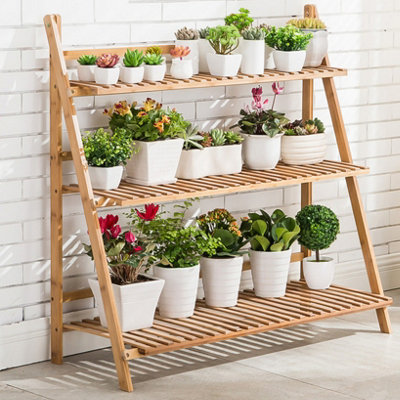 UNHO 3 Tier Flower Plant Pot Stand Folding Display Hanging Shelf Climbing Ladder Rack 965mm
