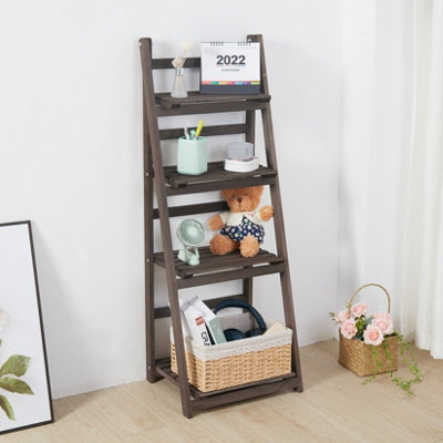 UNHO 4-Tier Ladder Shelf Bookshelf Storage Rack Bookcase with Wood Frame Industrial Style Rustic Brown
