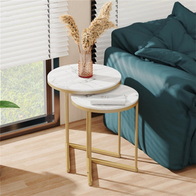 UNHO 55cm Height Coffee Side End Table with Golden Frame Nightstand Storage Living Room, White Marble