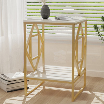 UNHO 58cm Height Coffee Side End Table with Golden Frame Nightstand Storage Living Room, White Marble