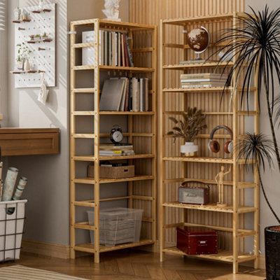 UNHO 6-Tier Bamboo Bookshelf Tall Bookcase Adjustable Large Flower Stand Washing Room L 60x W 26x H 161cm