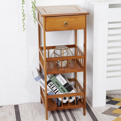UNHO 78cm Height 3-Tier Multifunctional Bamboo Bedside Table with Drawer Bedroom Couch Nightstand