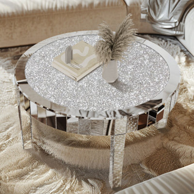 UNHO 80cm Large Round Mirrored Coffee Table Beveled Bling Crushed Diamond End Table