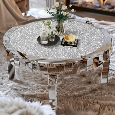 UNHO 80cm Large Round Mirrored Coffee Table Beveled Bling Crushed Diamond End Table