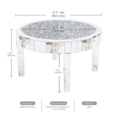 UNHO 80cm Large Round Mirrored Coffee Table Beveled Bling Crushed Diamond End Table