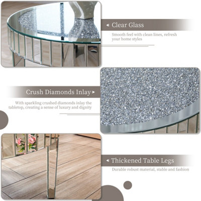 UNHO 80cm Large Round Mirrored Coffee Table Beveled Bling Crushed Diamond End Table