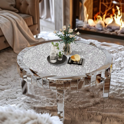 UNHO 80cm Large Round Mirrored Coffee Table Beveled Bling Crushed Diamond End Table