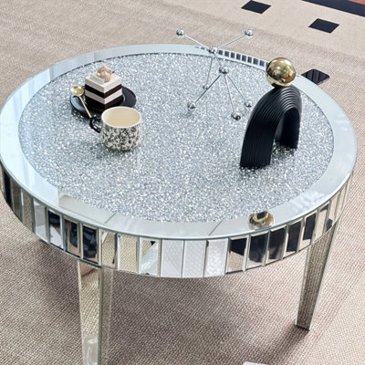 UNHO 80cm Large Round Mirrored Coffee Table Beveled Bling Crushed Diamond End Table