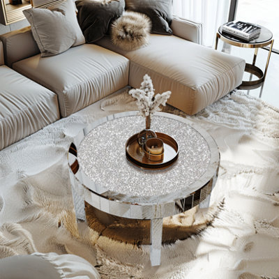 UNHO 80cm Large Round Mirrored Coffee Table Beveled Bling Crushed Diamond End Table