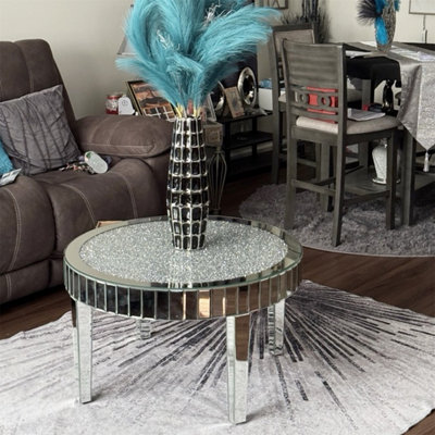 UNHO 80cm Large Round Mirrored Coffee Table Beveled Bling Crushed Diamond End Table
