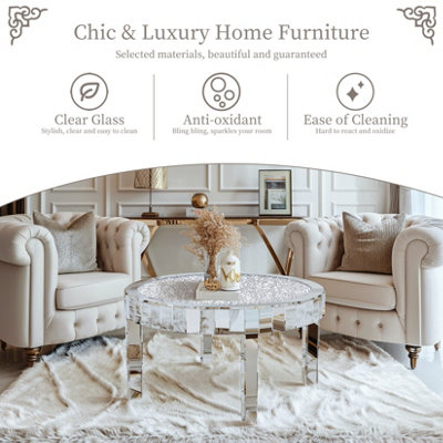 UNHO 80cm Large Round Mirrored Coffee Table Beveled Bling Crushed Diamond End Table