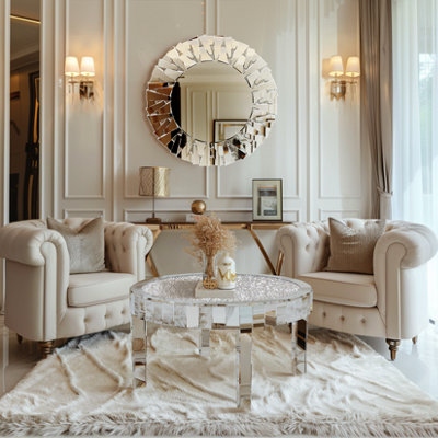 UNHO 80cm Large Round Mirrored Coffee Table Beveled Bling Crushed Diamond End Table