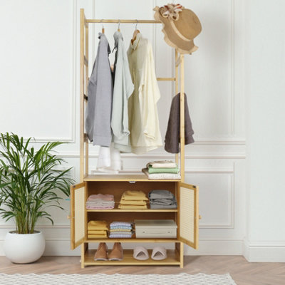 UNHO Extra Tall Garment Rack Bamboo Heavy Duty Coat Stand Wardrobe w/Storage Shelves 168cm H