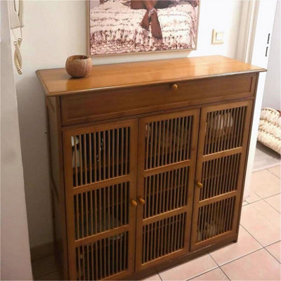 UNHO XXL Vintage Shoes Rack 4-Tier Bamboo Entryway Cabinet Closet Living Room Bedroom L93xW93xH98cm