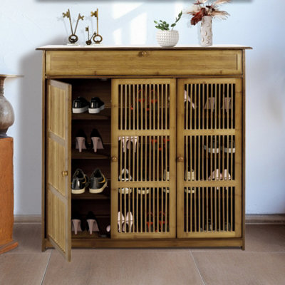 UNHO XXL Vintage Shoes Rack 4-Tier Bamboo Entryway Cabinet Closet Living Room Bedroom L93xW93xH98cm