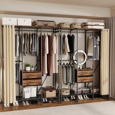 UNHO XXXL-Heavy Duty Wardrobe Open Drawer Storage Cabinet Clothes Rail Rack w/Curtain L 149.5xW 50xH 214cm