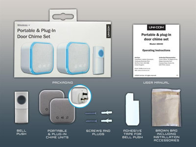 Uni-Com 98476 98477GB W96001 Portable and Plug-In Door Chime Set White UNC68440