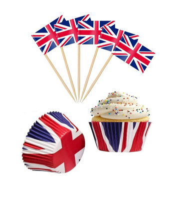 Union Jack Cupcake Cases & Flags Toppers Kings Coronation 24 Piece Cupcake Set