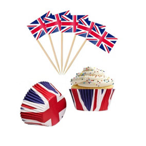 Union Jack Cupcake Cases & Flags Toppers Kings Coronation 24 Piece Cupcake Set