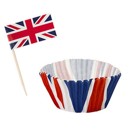 Union Jack Cupcake Cases & Flags Toppers Kings Coronation 24 Piece Cupcake Set