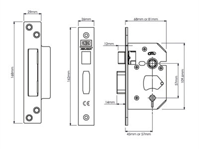 UNION Y22WCS-PB-3.0 StrongBOLT 22WCS Mortice Bathroom Lock Polished Brass 81mm 3in Visi UNNY22WCPB30